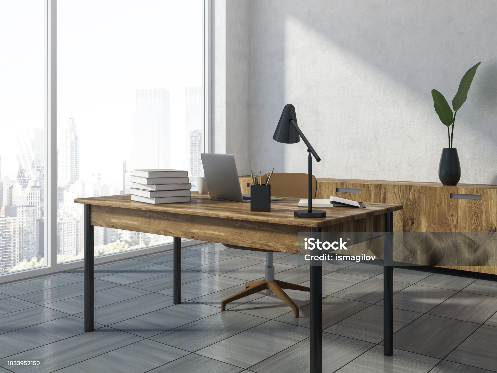 White walls office workplace corner with loft windows, a wooden table with a computer on it and a wooden set of drawers. 3d rendering mock up