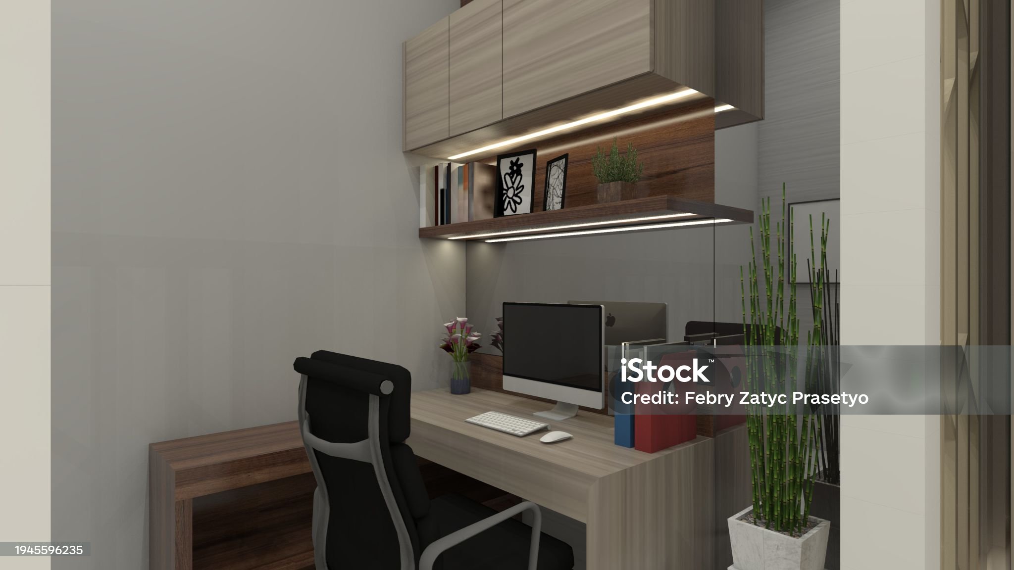 Modern and minimalist office desk with storage compartment. Using wooden cabinet furnishing and interior lighting.